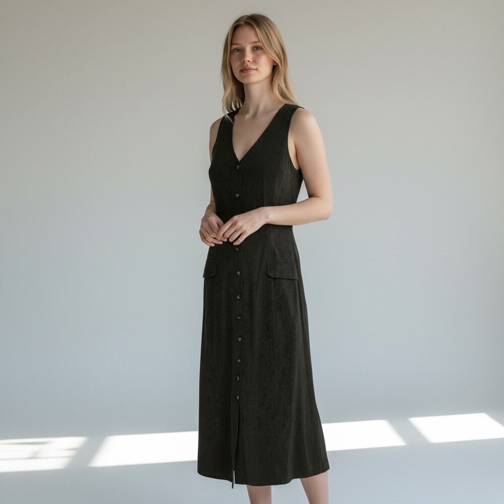 Vintage Clues Collection Microfiber Green Faux Suede Sleeveless Dress Size Small